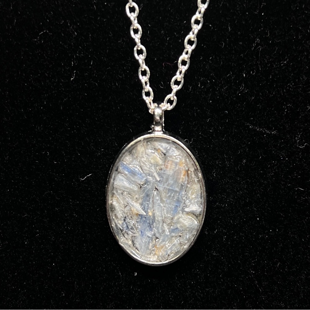 Blue kyanite set in silver pendant, handmade. Pendant only
